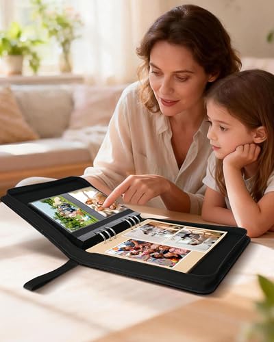 Adventure Leather Photo Album 4x6 200 Photos, DIY Scrapbook with 50 Sheets and 20 Blank Kraft Sheets, Travel Souvenir Diary Photo Book for Family Wedding Baby and Holiday Pictures - color: Black-text