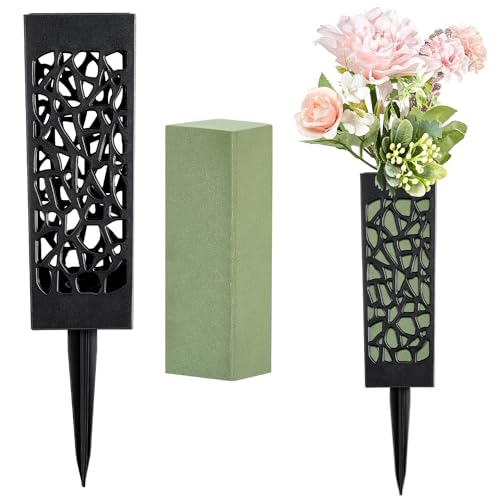 2 Pcs 12 Inch Cemetery Flower Vase with Ground Spikes & Foam for Memorials | Veterans Day Grave Decor; Thanksgiving Tribute; Black Lattice Design; Bottom Drainage; Holds Fresh or Artificial Fall Stems