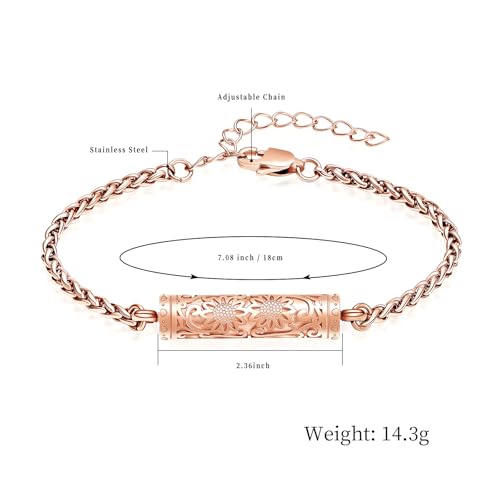 shajwo Cremation Jewelry Sunflower Cylinder Urn Bracelet for Ashes | Adjustable Memorial Keepsake Link Bracelet for Women - color: Rose Gold
