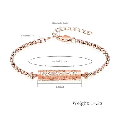 shajwo Cremation Jewelry Sunflower Cylinder Urn Bracelet for Ashes | Adjustable Memorial Keepsake Link Bracelet for Women - color: Rose Gold