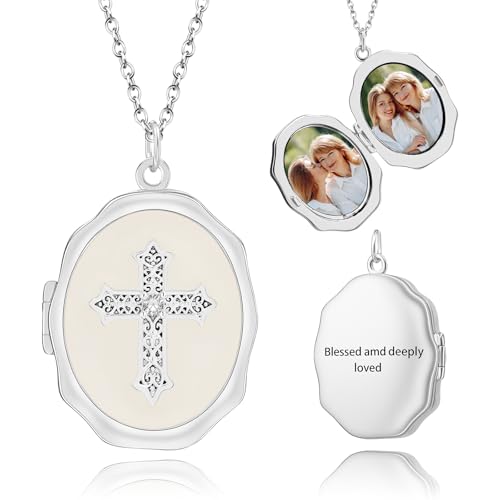 18K Gold Cross Locket Necklace for Women Holds Photo Necklace with Personalized Picture Necklaces Pendant 18 Inch Birthday Mother's Day for Women - color: Personalized Necklace