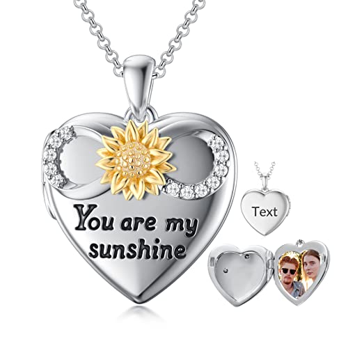 SOULMEET Personalized Silver Locket Necklace That Holds Pictures Photo Keep Someone Near to You, Memorial Custom Lockets Necklaces Letters Engraving for His Her - color: A4-Infinity sunflower-Two tones White+Yellow, style: Locket+Custom Photo+Engraved