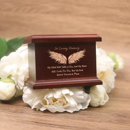 6 Inch Small Wooden Urn for Human Ashes - Keepsake Urn for Men & Women, Funeral Ashes Holder, Wooden Urn Box and Casket with Wing Design - size: Design: Wing