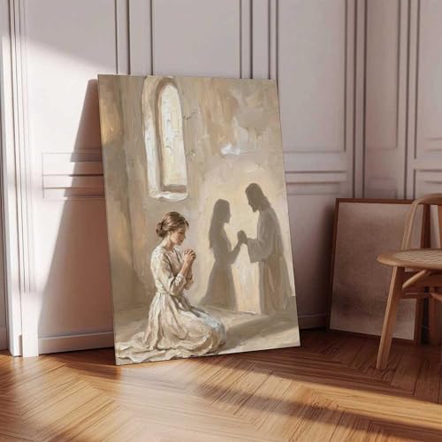 KERAXL Jesus Praying with Woman Canvas Wall Art, He Is With You Christian Painting, Neutral Bible Wall Art Print for Prayer Room Bedroom Frame-style-1 16x24inch(40x60cm) - color: Frame-style-1, size: 24L" x 16W"