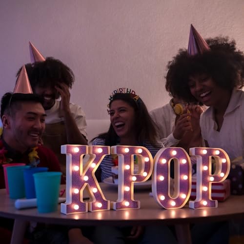 4 Pcs Kpop Birthday Decorations Purple 8.6 Inch Kpop LED Letter Lights Pop Prom Party Supplies Music Theme Anniversary for Character Fans Super Singer Birthday Decorations for Wall Shelf Table - style: Kpop