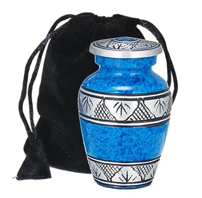 Small Blue Cremation Urn for Human Funeral Remains | Mini Sacred Ash Container | Velvet Carry Bag | Paper Funnel | Gift Box | Handcrafted Engraved Urn & Keepsake - color: Blue-engraved