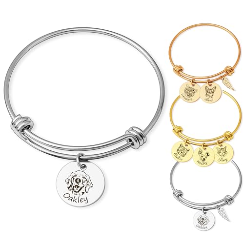 Anavia 1/2/3/4 Disc Pet Portrait Bangle Bracelet, Personalized Pet Memorial Expandable Charm Bracelet Jewelry Gift, Customized Round Disc Photo Engraved Dog Cat Bracelet for Animal Lovers - color: Silver, size: Small - 1 Disc