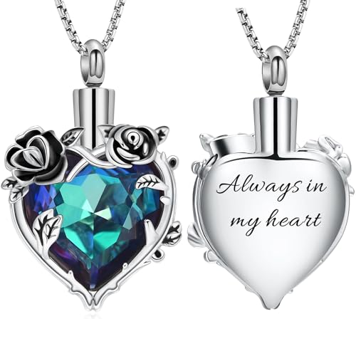 Rose Flower Cremation Urn Necklace for Ashes Heart Crystal Memorial Jewelry for Women Urn Keepsake Pendant Human Pet Memorial Locket Holder - color: A-Silver (Blue Stone) - Always in my heart