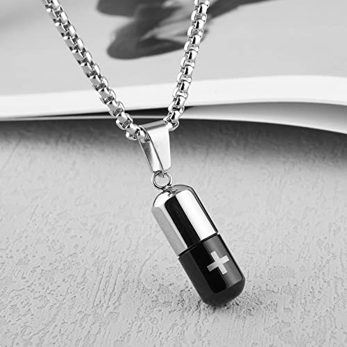 STWTR Stainless Steel Cylindrical Souvenir Capsule Pill Pendant Necklace, Cremated Ashes Pill Container Necklace - color: Black-B