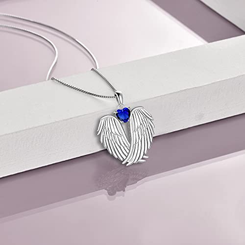 YFN Angel Wings Necklace 925 Sterling Silver Guardian Angel Wings Pendant Necklace Birthstone Necklace for Women Girls Christmas Jewelry Gifts - color: September