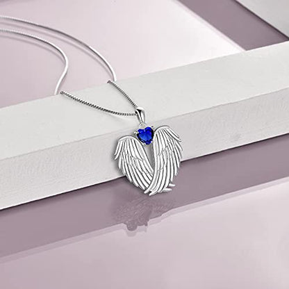 YFN Angel Wings Necklace 925 Sterling Silver Guardian Angel Wings Pendant Necklace Birthstone Necklace for Women Girls Christmas Jewelry Gifts - color: September
