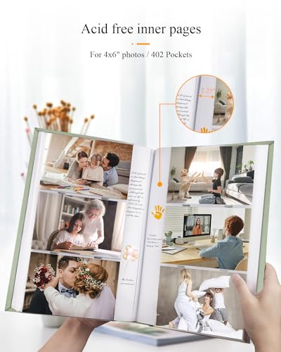 1DOT2 Photo Album for 4x6 Pictures with Writing Space, Sage Green | Holds 402 Photos,Linen Cover with Front Window, Acid-free Inner Pages, Ideal for Marriage Children Travel Family - color: Sage Green