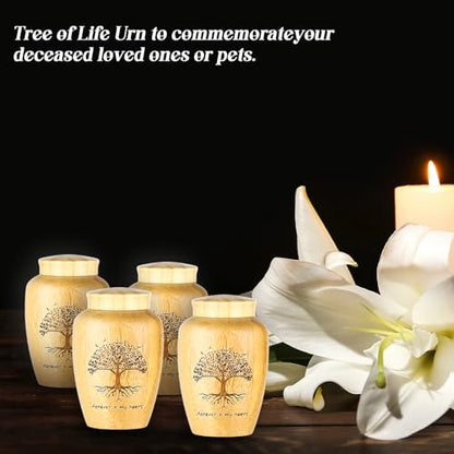 Beeveer 4 Sets Small Urn for Human Ashes Mini Urns with Tree Pattern Engraved Biodegradable Bamboo Cremation Urns for Pet Ashes with Black Velvet Bags