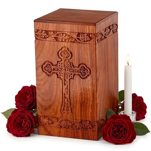 Wooden Cross Carved Rosewood Cremation Urn for Human Ashes (Rosewood Cross Carved) - color: Brown,green