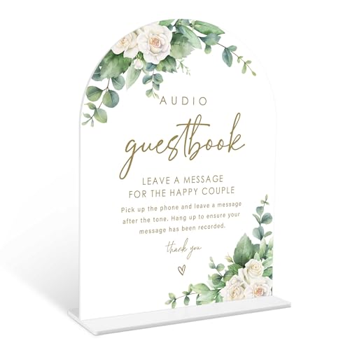 Eucalyptus Rose Audio Guest Book Sign, 6 x 8 Inch White Arch Acrylic Wedding Sign with Holder, Wedding Sign for Ceremony and Reception, Wedding Decoration, Wedding Supplies - AM29 - color: Rose Audio Guest Book, size: Eucalyptus 6X8IN