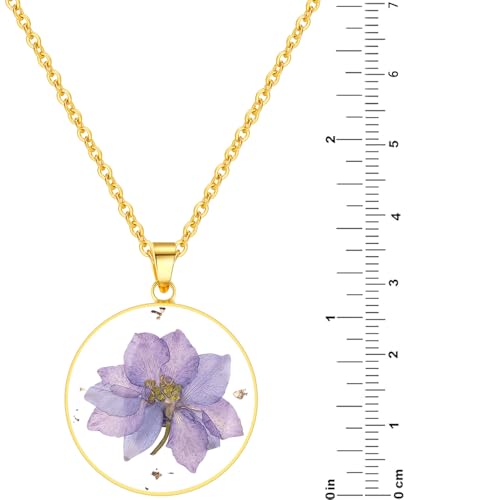 AUNTESIGN Forget-Me-Not and Queen Anne's Lace Pressed Wildflower Necklace | Birth Month Flowers Necklace | Gold/Silver Pressed Flower Jewelry | Mother's Day | Gift For Her - color: Larkspur Necklace(July Birth Flower)
