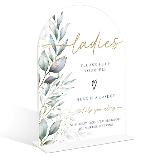 Acrylic Wedding Signs, Greenery Theme Ladies Please Help Yourself Sign, Bridal Shower Table Decor with Stand, Wedding Bathroom Basket Supplies for Engagement, Anniversary, Newlywed Event and Party, 07 - color: Ladies Please Help Yourself Sign, 07