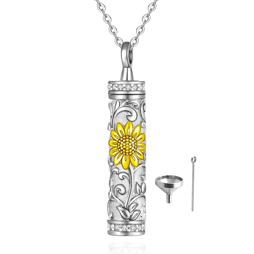 Sterling Silver Flower Tree Life Cremation Urn Necklace for Women - color: Cylin *Sunfl. 1 (Zir GP)