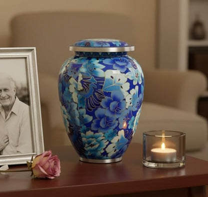 eSplanade Metal Cremation Urn Memorial Jar Pot Container | Full Size Urn for Funeral Ashes Burial | Flowers Printed Urn | Blue - 10" Inches
