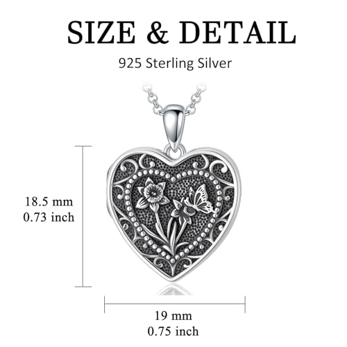 PELOVNY Birth Flower Locket Necklace for Women 925 Sterling Silver Flower Butterfly Heart Photo Locket Pendant Birthday Christmas Jewelry Gifts for Mom Daughter Wife Sister - color: 03-Daffodils