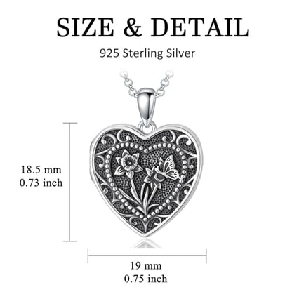 PELOVNY Birth Flower Locket Necklace for Women 925 Sterling Silver Flower Butterfly Heart Photo Locket Pendant Birthday Christmas Jewelry Gifts for Mom Daughter Wife Sister - color: 03-Daffodils