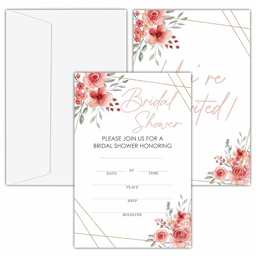 Bridal Shower Invitations, 25 Flower Invites with Envelopes for Bridal Shower Reception Engagement Party, Elegant Wedding Party Cards - B09 - style: Flower
