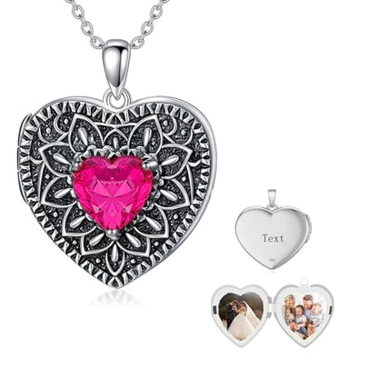 Heart Photo Locket Necklace 925 Sterling Silver Birthstone Gemstone That Holds 2 Pictures Locket Necklace Jewelry Gifts for Mother Women Mom Mother's Day Christmas Birthday - style: 07-July-Ruby-Customize
