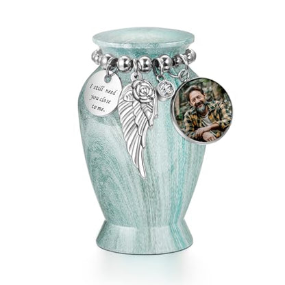 SOITIS Customized Small Urns for Human Ashes Keepsake, 2.83 Inches Urn for Women Men, Engraving Aluminum Cremation Urns for Human Ashes-Lake Green with Wing Urn - color: Custom-green a