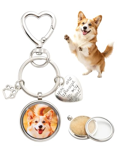 Pet Fur, Ashes & Photo Keepsake Keychain - Dog Hair & Cat Fur Memory Charm with Heart Charms, Pet Memorial Gift for Dog and Cat Lovers