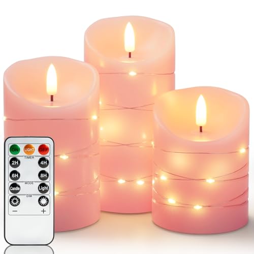 Homemory Flameless Candles with String Lights, 3 Pack Embedded Fairy String Lights LED Candles, Electric Flickering Candles with Remote Control and Timer, Real Wax, Pink - color: Pink