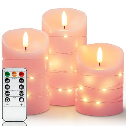 Homemory Flameless Candles with String Lights, 3 Pack Embedded Fairy String Lights LED Candles, Electric Flickering Candles with Remote Control and Timer, Real Wax, Pink - color: Pink