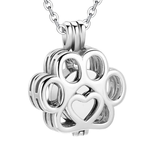 Pet Keepsake Necklace, Paw Print Pendant for Fur or Tiny Mementos, Stainless Steel Pet Remembrance Jewelry Gift for Dog and Cat Lovers - color: silver