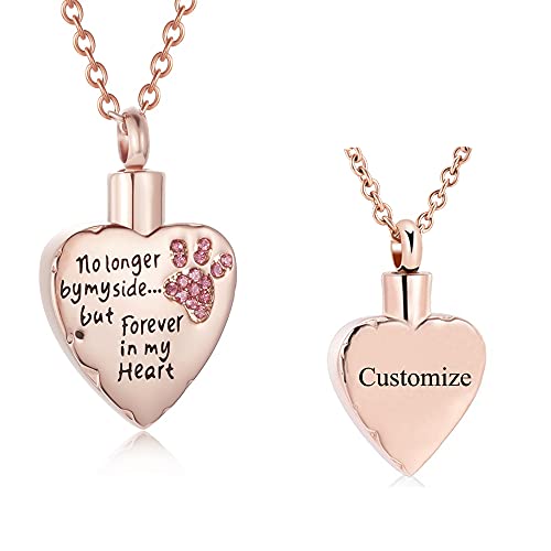 Fashion Pet Cremation Jewelry Stainess Steel Heart Keepsake Ashes Necklace Dog Cat Paw Memorial Urn Pendant - color: Rose Gold-Customize