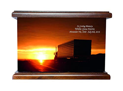Truck Funeral Cremation Urn, Trucker's Wooden Urn with Custom Personalization