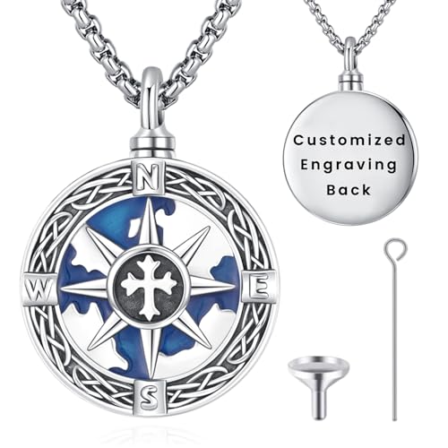 Urn Necklace for Ashes for Women/Men 925 Sterling Silver Cremation Jewelry w/Funnel Filler Memorial Jewelry Gifts - color: D-Compass 4, style: Customized