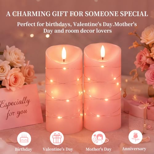 Homemory Flameless Candles with String Lights, 2 Pack Embedded Fairy String Lights LED Candles, Electric Flickering Candles with Remote Control and Timer, Real Wax, Pink - color: Pink, 2Pack
