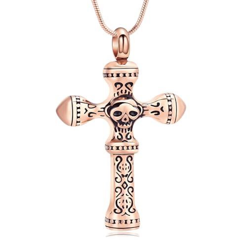 Skull Cross Cremation Jewelry Retro Skull Urn Necklaces for Ashe Stainless Steel Memorial locket Keepsakes Jewelry Human Ash Pendant Jewelry for Men Women - color: Rosegold