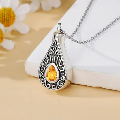 Teardrop Urn Necklace for Ashes Filigree Birthstone Keepsake Pendant Cremation Jewelry for Ashes Memorial Jewelry Gifts for Loss of a Loved One for Women - style: Nov-Citrine