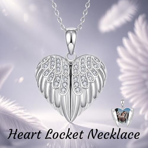 SNOWELLE Angel Wings Locket Necklace Sterling Silver Angel Wings Jewelry | Heart Angel Wings Pendant Heart Jewelry Gifts for Women 18＋2'' inches Sterling Silver Chain
