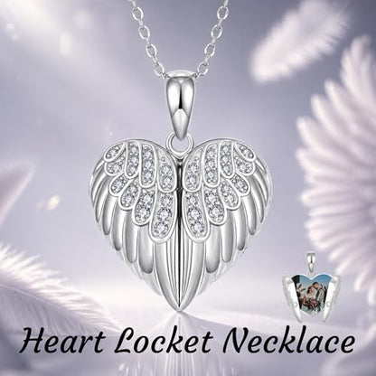 SNOWELLE Angel Wings Locket Necklace Sterling Silver Angel Wings Jewelry | Heart Angel Wings Pendant Heart Jewelry Gifts for Women 18＋2'' inches Sterling Silver Chain