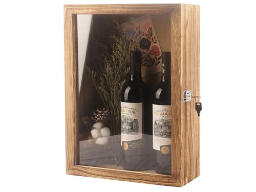 12x5x17 Deep Shadow Box Frame Wood Display Case for Collectibles | Carbonized wood shadow box with hinged door holds 750ml wine bottles champagne and liquor for wall mounted home bar decor - color: Carbonized Color