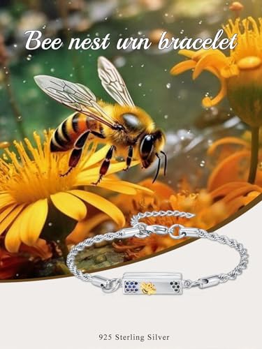HPQQ Urn Bracelet for Ashes 925 Sterling Silver Abalone Shell Tree of Life/Dragonfly/Butterfly/Sunflower Cremation Jewelry for Ashes Keepsake Pendant Locket Bracelet for Women Mom - style: Bee