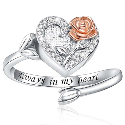 925 Sterling Silver Heart Urn Ring for Ashes for Women - Cremation Jewelry Keepsake Thumb Rings Adjustable with Rose/Sunflower Gift for Lost Of Love Ones Human Adult Pet - style: Heart Rose