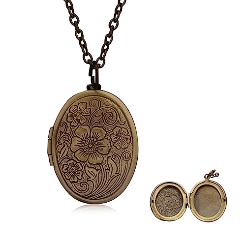 POYAMUSE Retro Flower Locket Pendant Necklace - Vintage Copper Colored Charms Locket Jewelry for Memorial Keepsake DIY Locket Gift - color: Yellow copper