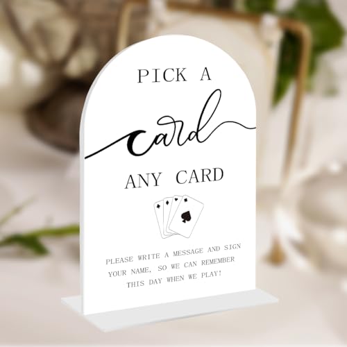 Pick a Card Wedding Sign, White Acrylic Reception Table Decor with Stand | 5×7 Inch Modern Calligraphy Ceremony Signage, Tabletop Decoration for Cards and Gifts - color: Card