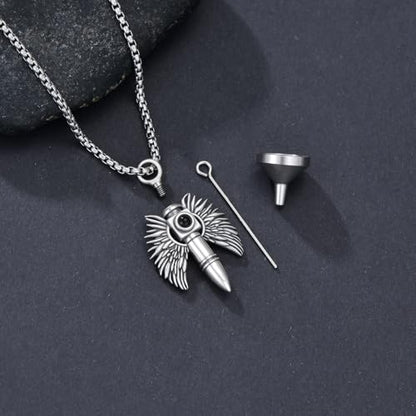 SIMONLY Bullet Urn Necklaces for Ashes 925 Sterling Silver Animal/Angel Wings/Pet/Jesus Necklace Bullet Pendant Cremation Jewelry for Men - color: Angel Wings