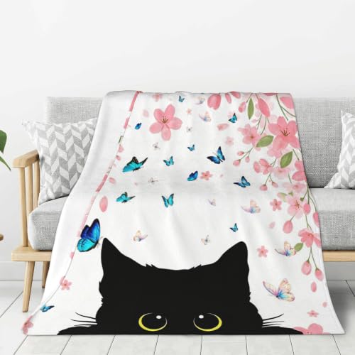Black Cat Fleece Throw Blanket, Flowers Flannel Blankets for Couch 50"×60" - color: Black Cat