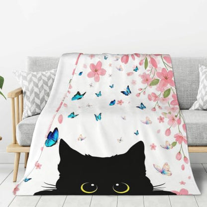 Black Cat Fleece Throw Blanket, Flowers Flannel Blankets for Couch 50"×60" - color: Black Cat