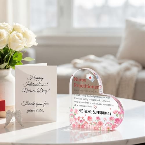 Smile Nurses Week Heart-Shaped Acrylic Tabletop Decor Nurse Practitioner Definition Desktop Plaque with Floral Nurse Cap Indoor Home & Office Decor - style: Nurse