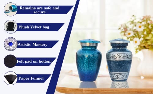 Blue Small Urns for Human Ashes Female Male | Set of 4 Premium Mini Keepsake Urns with Four Velvet Bags A Paper Funnel and A Stunning Magnet Closer Gift Box - color: Blue